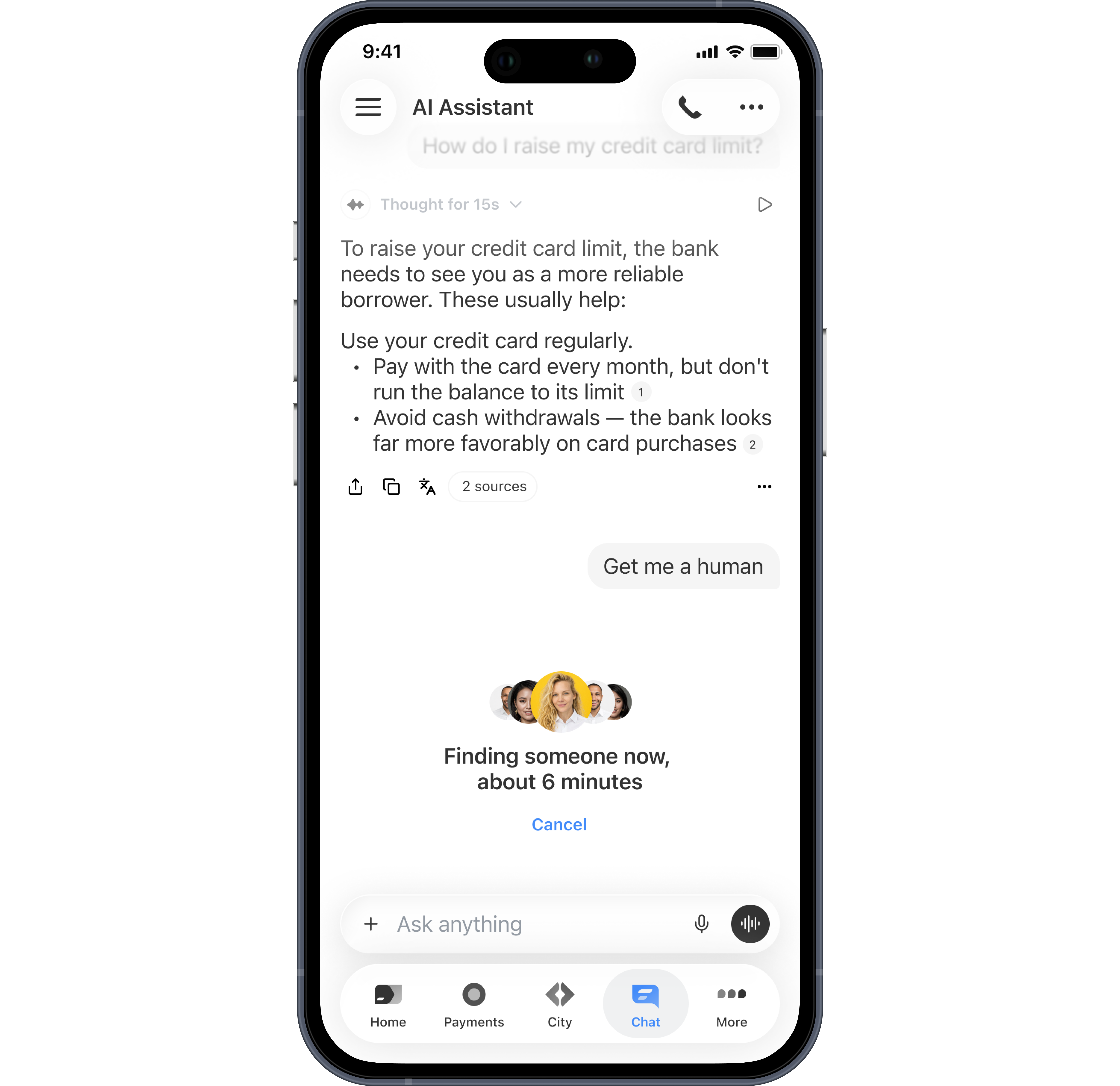 The AI assistant screen with its reasoning, sources and a handover to a human