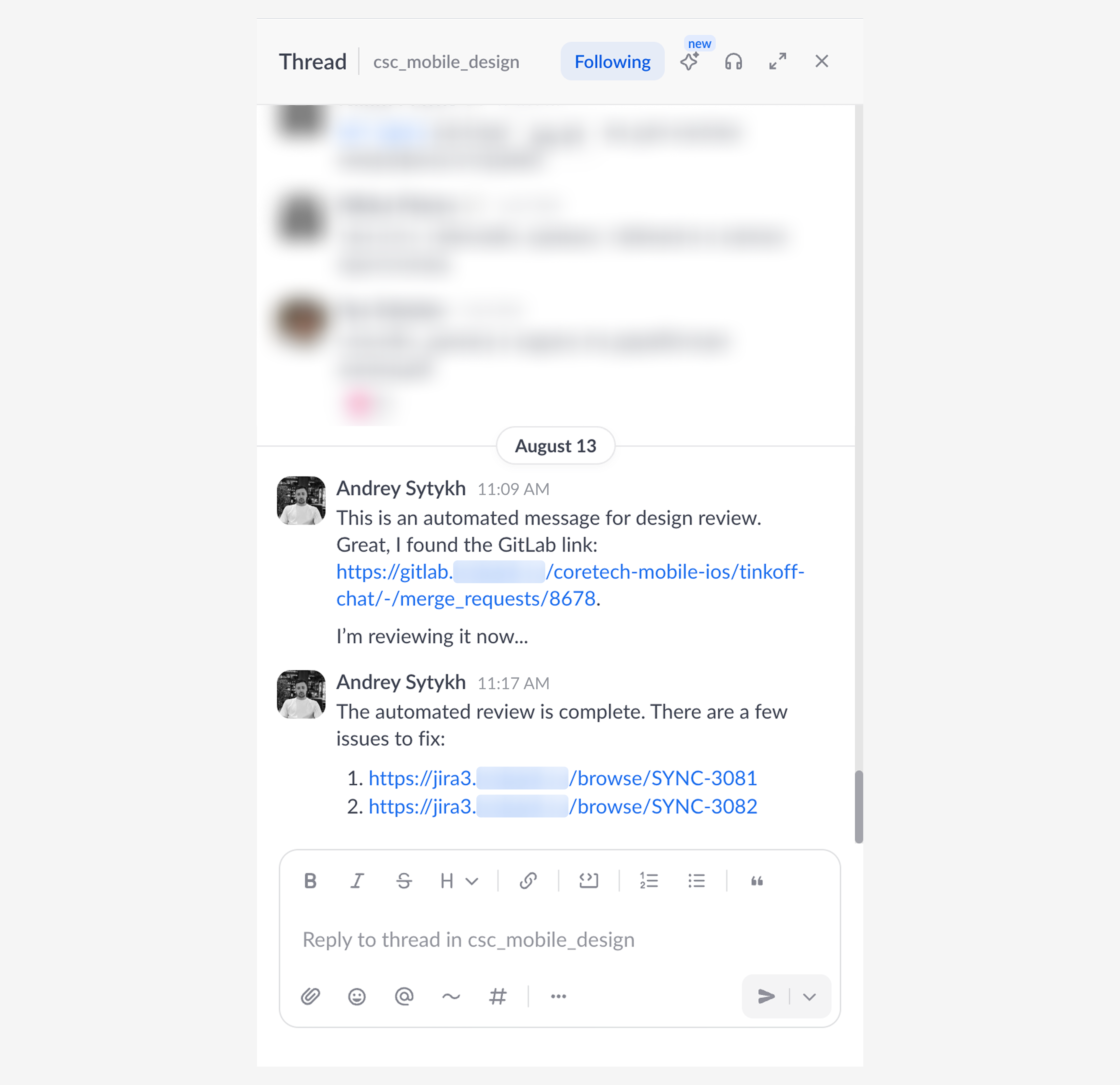 A thread in the messenger: the agent posts a link to the merge request and the list of deviations it found