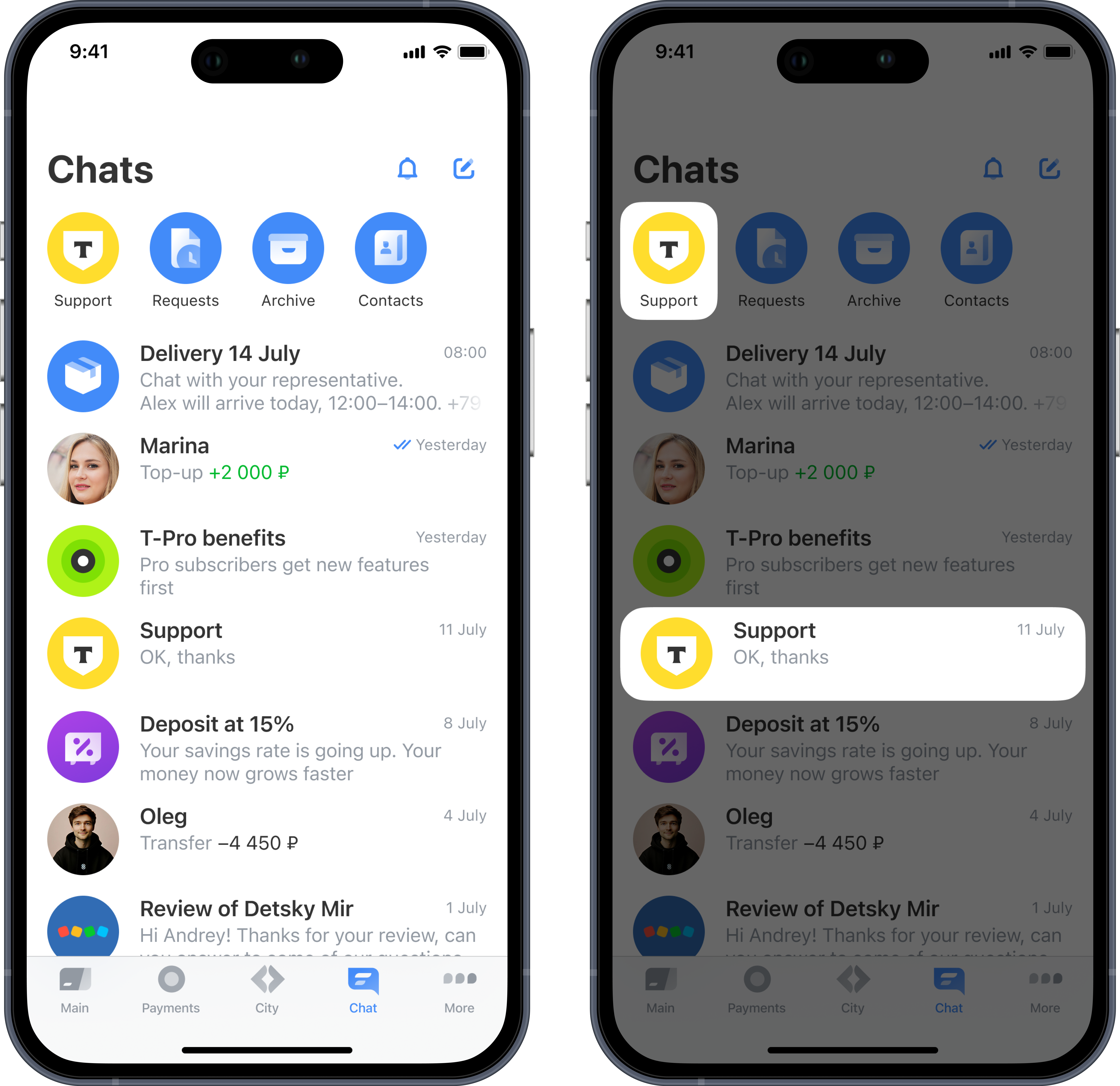 The Chats tab with a prominent Support entry point and highlighted support conversation